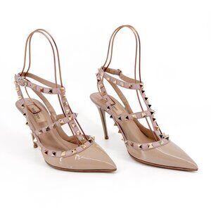 Valentino Rockstud Caged Poudre Beige Patent Leather Pump Heels Size 37.5 US 7.5